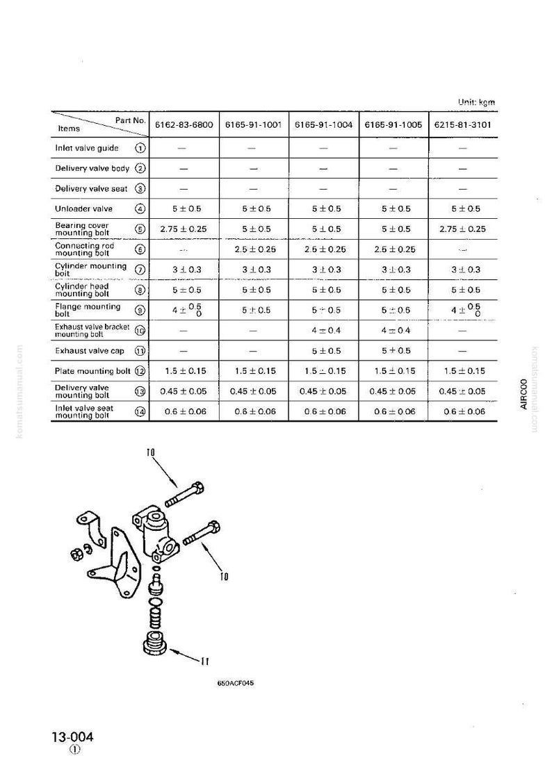 K&ouml;nnte beinhalten: Technische Zeichnung einer Motorkomponentenbaugruppe mit einer Tabelle, die Teilenummern und Spezifikationen detailliert. Die Baugruppe umfasst Bolzen, Halterungen und Ventilkomponenten. Ma&szlig;e in kgm.