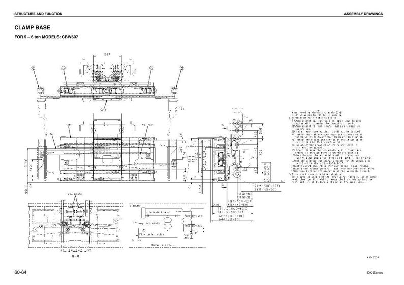 Pu&ograve; includere: Disegno tecnico di una base di serraggio per modelli da 5-6 tonnellate. L'immagine presenta diagrammi dettagliati con dimensioni e annotazioni. Il testo include "Struttura e Funzione" e "Disegni di montaggio".