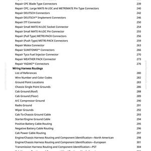 May include: A page from a manual with a list of automotive wiring harness routing and connector repair information. The text includes connector types, ground locations, and cable routing details, with page numbers.