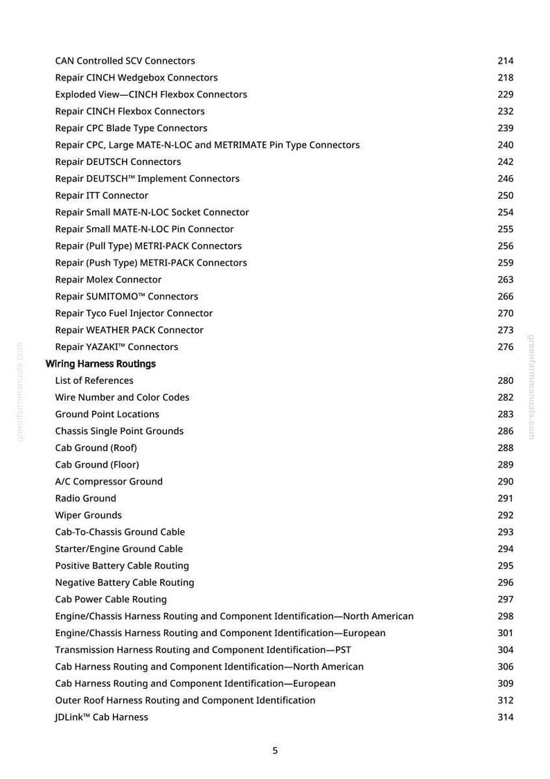 May include: A page from a manual with a list of automotive wiring harness routing and connector repair information. The text includes connector types, ground locations, and cable routing details, with page numbers.