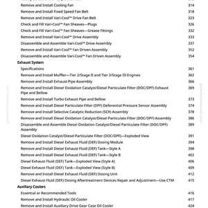 May include: A page from a manual with a list of automotive repair procedures, including exhaust system components and auxiliary coolers. The text is in black font on a white background, with page numbers on the right.