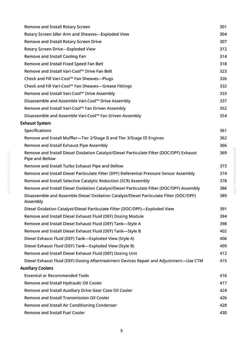 May include: A page from a manual with a list of automotive repair procedures, including exhaust system components and auxiliary coolers. The text is in black font on a white background, with page numbers on the right.