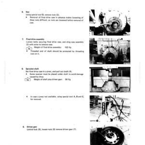 May include: A technical diagram from a manual detailing the disassembly and assembly of a final drive system. The image includes step-by-step instructions with illustrations, including the removal of nuts, final drive assembly, sprocket shaft, and driven gear. The final drive assembly weighs 224.87 pounds.