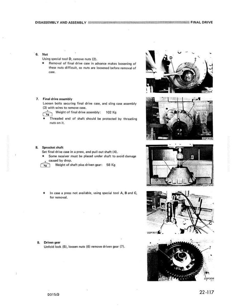 May include: A technical diagram from a manual detailing the disassembly and assembly of a final drive system. The image includes step-by-step instructions with illustrations, including the removal of nuts, final drive assembly, sprocket shaft, and driven gear. The final drive assembly weighs 224.87 pounds.