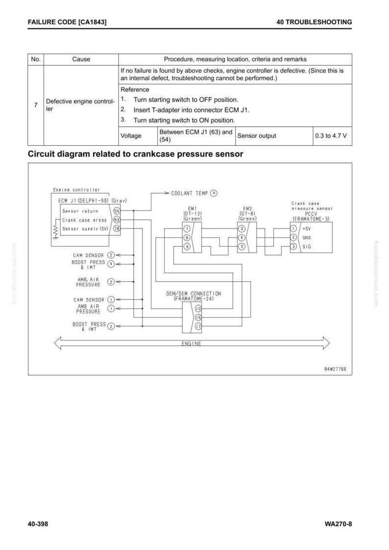 May include: A detailed circuit diagram related to a crankcase pressure sensor, with labels for engine controller components, including ECM J1, CAM sensor, and boost pressure. The diagram includes voltage specifications and troubleshooting steps.