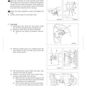 Puede incluir: Diagrama de un manual que detalla la extracci&oacute;n de un eje trasero. La imagen incluye pasos numerados e ilustraciones de componentes como mangueras de combustible, cubiertas y el dep&oacute;sito de combustible. El texto incluye instrucciones y medidas.