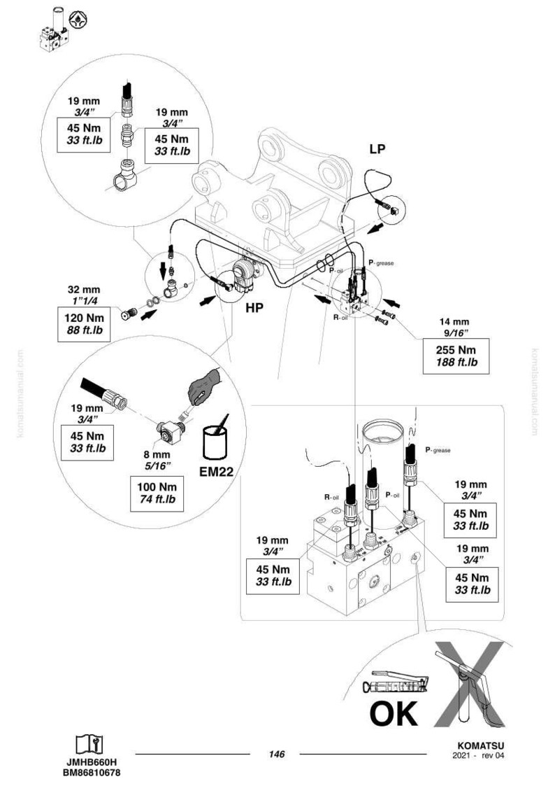 Puede incluir: Diagrama t&eacute;cnico detallado de componentes hidr&aacute;ulicos, incluyendo conexiones, v&aacute;lvulas y tuber&iacute;as. Las medidas se indican en mm y Nm, con etiquetas como "19 mm 3/4" y "45 Nm 33 ft.lb."