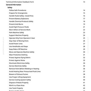 May include: A page from a manual titled "Table of Contents." The document lists safety procedures, including handling fluids, preventing explosions, and avoiding high-pressure fluids. The document is printed in black text on a white background.