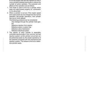 May include: A page from a manual detailing the "Cylinder cut-out test mode" for an engine. The text explains the process, its purpose, and potential issues like gas leakage or electrical system defects. Includes the page number and model numbers.