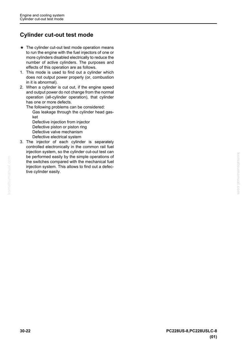 May include: A page from a manual detailing the "Cylinder cut-out test mode" for an engine. The text explains the process, its purpose, and potential issues like gas leakage or electrical system defects. Includes the page number and model numbers.