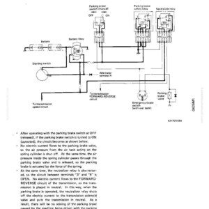 May include: Diagram of a parking brake switch circuit, labeled with components like battery, relays, and switches. The illustration includes text explaining the circuit's operation, with a focus on the parking brake's function and related components.