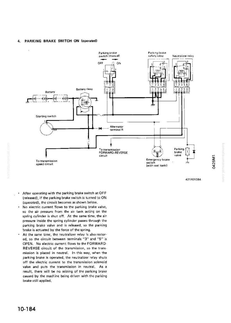 May include: Diagram of a parking brake switch circuit, labeled with components like battery, relays, and switches. The illustration includes text explaining the circuit's operation, with a focus on the parking brake's function and related components.