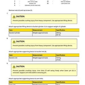 May include: A technical diagram with a legend and safety warnings. It details the removal of nuts and cap screws, and provides weight specifications for bucket cylinders, bucket links, and arm links. Measurements are in pounds and kilograms.
