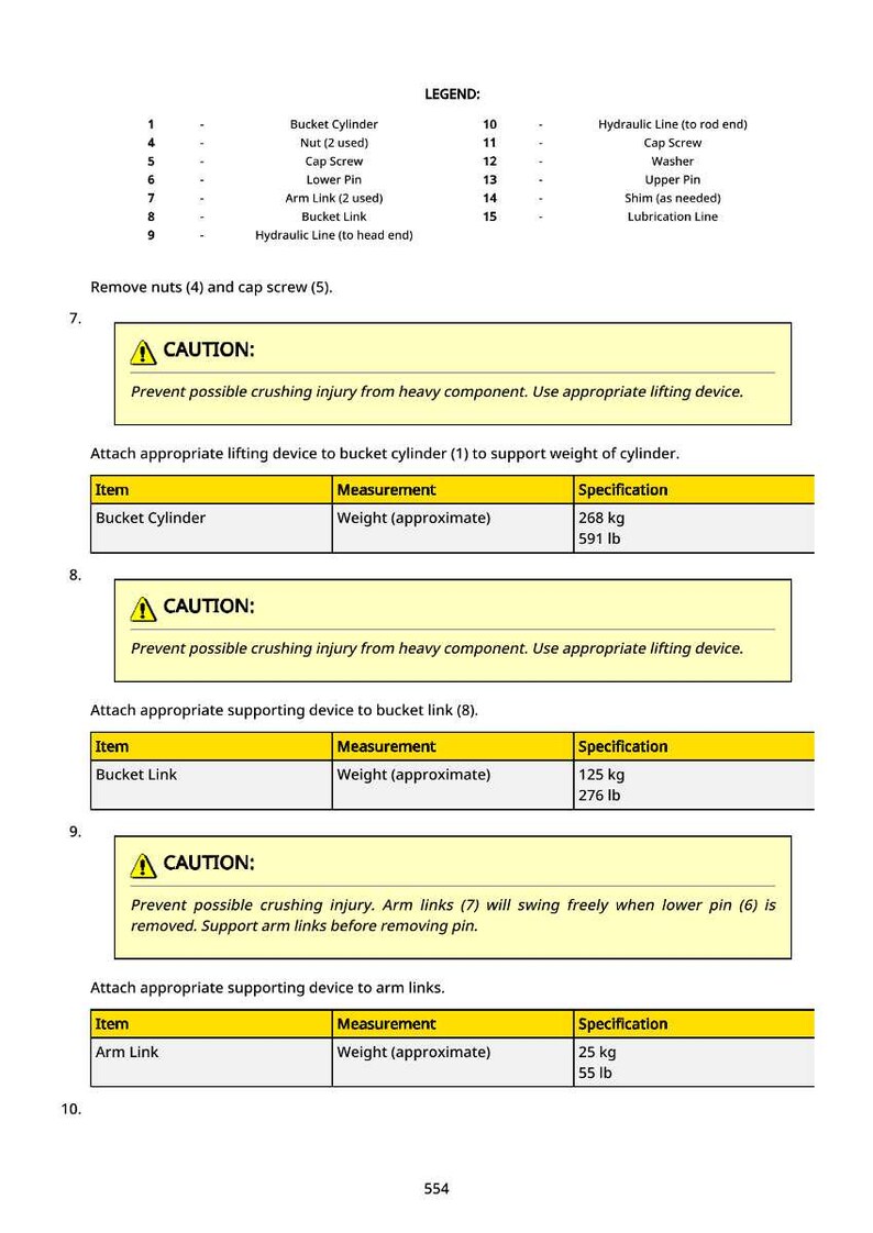 May include: A technical diagram with a legend and safety warnings. It details the removal of nuts and cap screws, and provides weight specifications for bucket cylinders, bucket links, and arm links. Measurements are in pounds and kilograms.