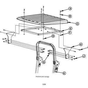 May include: A black and white exploded diagram of a canopy assembly. The image shows the various components, including the roof, frame, support brackets, and roll bar. The diagram is labelled with letters and includes the text "PY37315-UN: Canopy" and the number "1228".