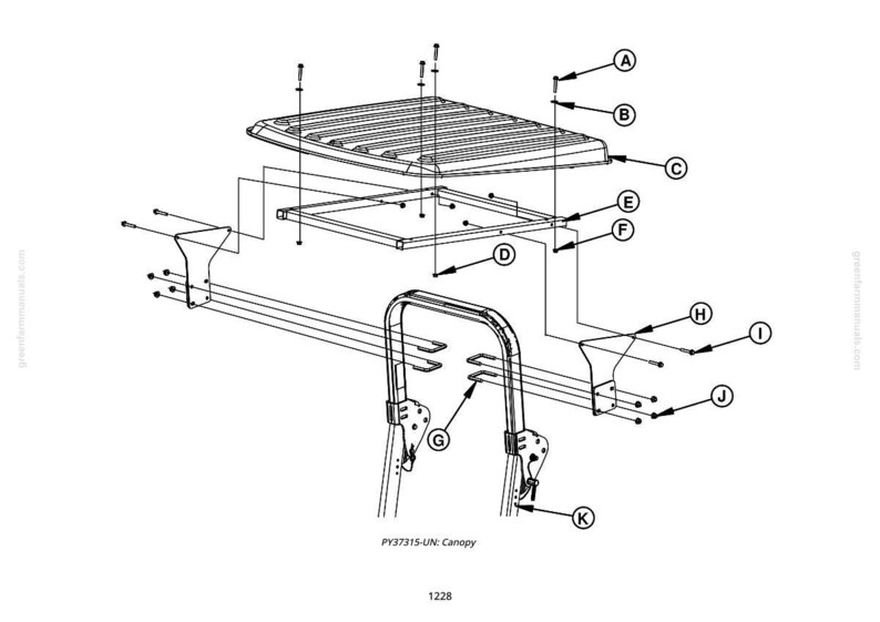 May include: A black and white exploded diagram of a canopy assembly. The image shows the various components, including the roof, frame, support brackets, and roll bar. The diagram is labelled with letters and includes the text "PY37315-UN: Canopy" and the number "1228".