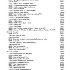 May include: A detailed table of contents from a technical manual, listing various mechanical components and their corresponding page numbers. The text is black on a white background, covering topics like gearboxes, axles, and brakes.