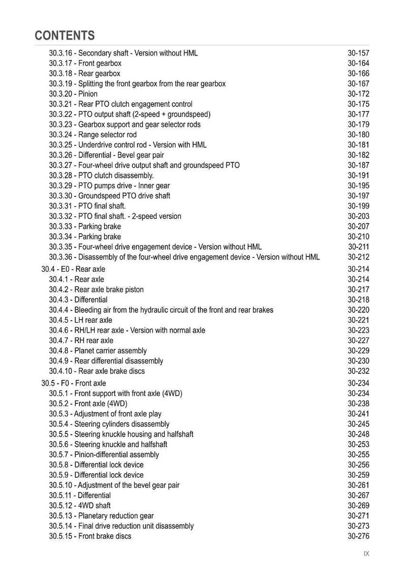 May include: A detailed table of contents from a technical manual, listing various mechanical components and their corresponding page numbers. The text is black on a white background, covering topics like gearboxes, axles, and brakes.