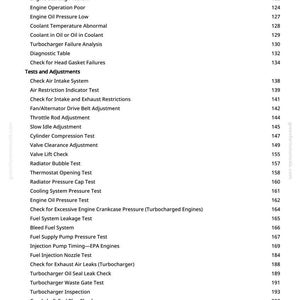 May include: A page from a manual detailing automotive engine tests and adjustments. The list includes checks for "Excessive Fuel Consumption," "Cylinder Compression," and "Turbocharger Inspection."