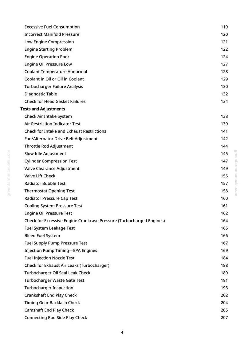 May include: A page from a manual detailing automotive engine tests and adjustments. The list includes checks for "Excessive Fuel Consumption," "Cylinder Compression," and "Turbocharger Inspection."