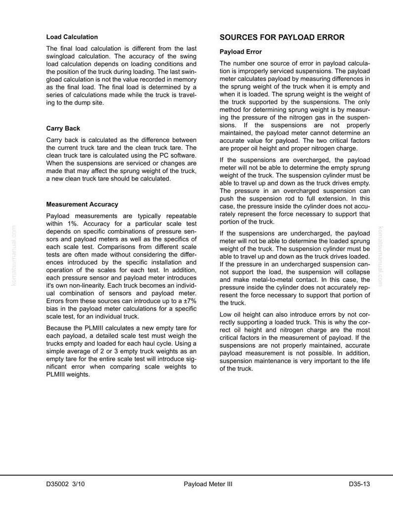 May include: A document detailing payload measurement with sections on load calculation, carry back, and measurement accuracy. It also covers sources of error, such as suspension problems and maintenance.
