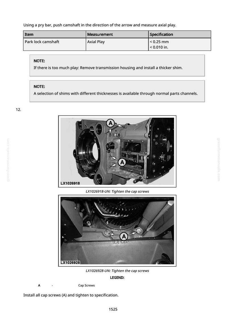 Pode incluir: Diagrama t&eacute;cnico com instru&ccedil;&otilde;es para medir a folga axial em um eixo de comando de bloqueio de estacionamento. Especifica&ccedil;&atilde;o: menos de 0,25 mm. Duas imagens mostram componentes mec&acirc;nicos com r&oacute;tulos e o texto "Aperte os parafusos da tampa."