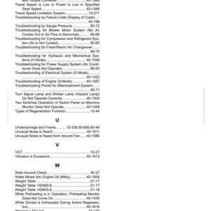 May include: Index page from a Komatsu manual, listing troubleshooting topics and system information. Topics include travel speed, engine issues, and electrical system diagnostics. The page is organized alphabetically.