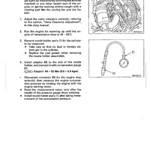 May include: Diagram from a shop manual detailing how to measure compression pressure. Includes illustrations of engine components, a pressure gauge, and text instructions. The gauge measures in Nm and kgm.