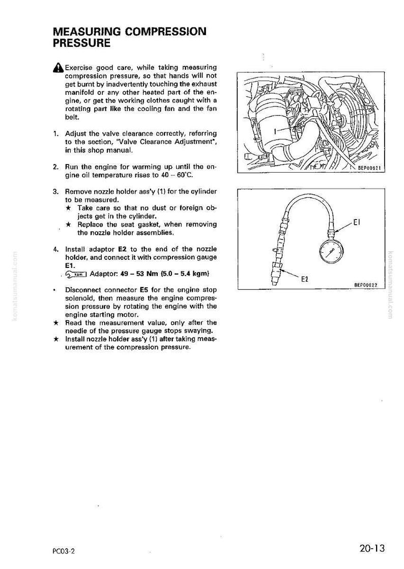 May include: Diagram from a shop manual detailing how to measure compression pressure. Includes illustrations of engine components, a pressure gauge, and text instructions. The gauge measures in Nm and kgm.