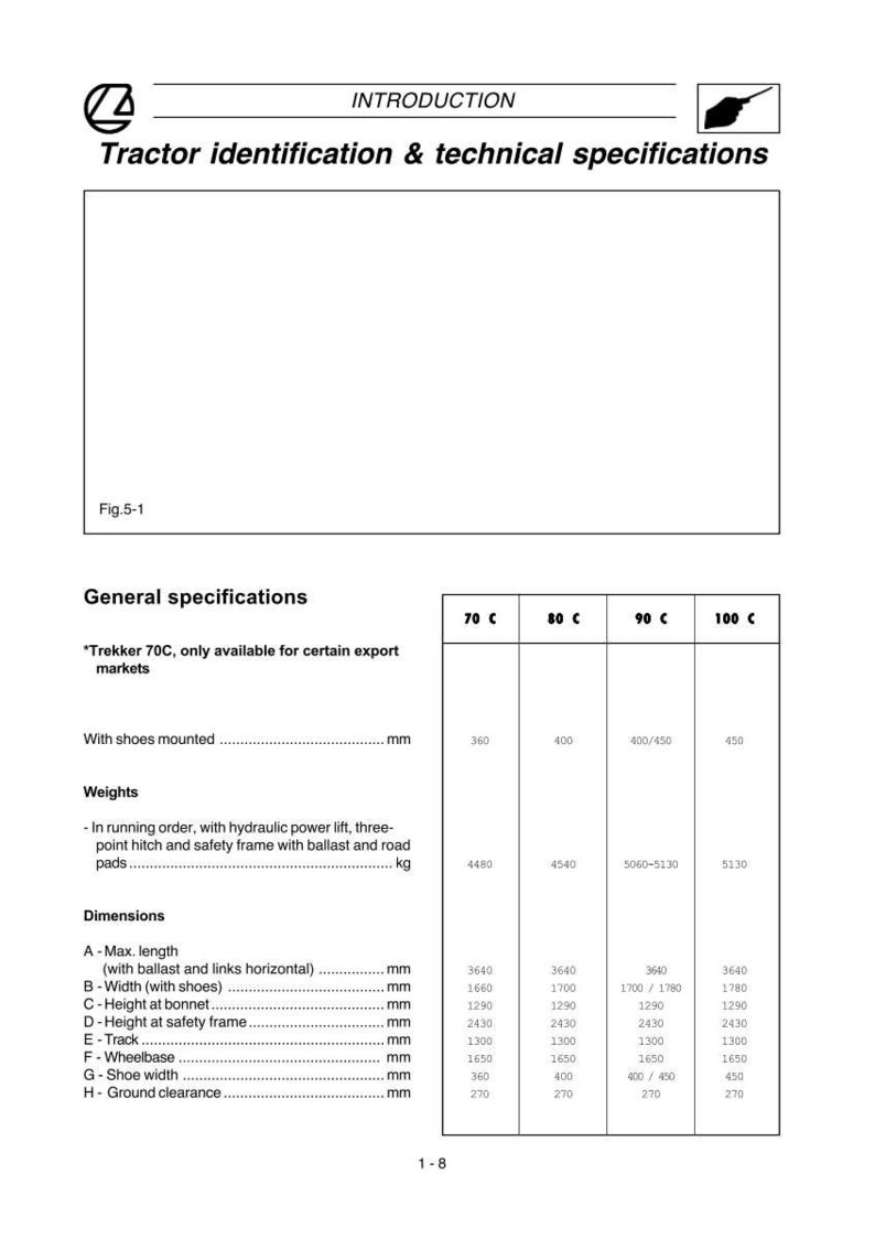 K&ouml;nnte beinhalten: Technisches Dokument mit dem Titel "Traktoridentifizierung & technische Spezifikationen". Es enth&auml;lt Spezifikationen f&uuml;r verschiedene Traktormodelle, einschlie&szlig;lich Abmessungen und Gewichte, gemessen in Millimetern und Kilogramm.