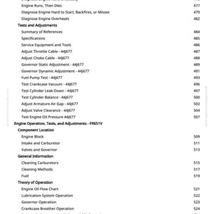 May include: A page from a manual with a table of contents for engine operation, tests, and adjustments. The text includes topics like carburetor diagnosis, engine tests, and component locations. Page numbers are listed on the right.