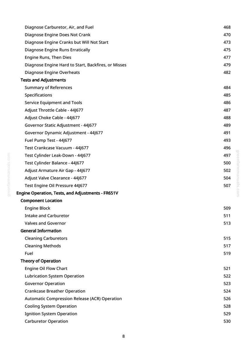 May include: A page from a manual with a table of contents for engine operation, tests, and adjustments. The text includes topics like carburetor diagnosis, engine tests, and component locations. Page numbers are listed on the right.