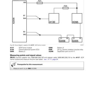 May include: Diagram of an A117-SCR frame module with electrical components, including A130 and K095, and text labels. The diagram includes a note about connecting an adapter box and measuring pins.