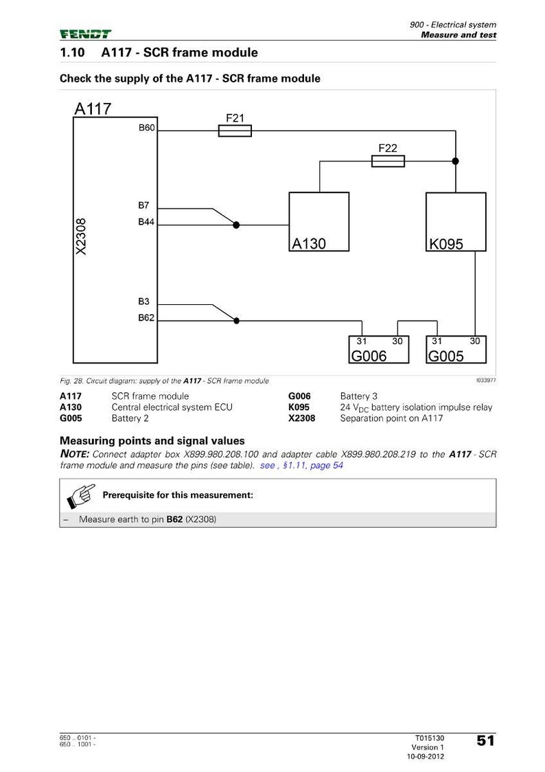 May include: Diagram of an A117-SCR frame module with electrical components, including A130 and K095, and text labels. The diagram includes a note about connecting an adapter box and measuring pins.