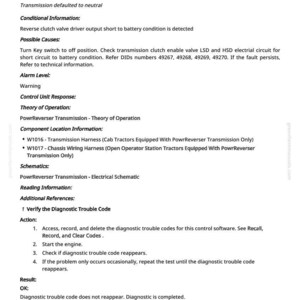 May include: A document with the title "PTR 524230.03 - Transmission Clutch Enable Valve Driver circuit fault". The document contains technical information, including possible causes, alarm levels, and actions to take. The text is in black font.