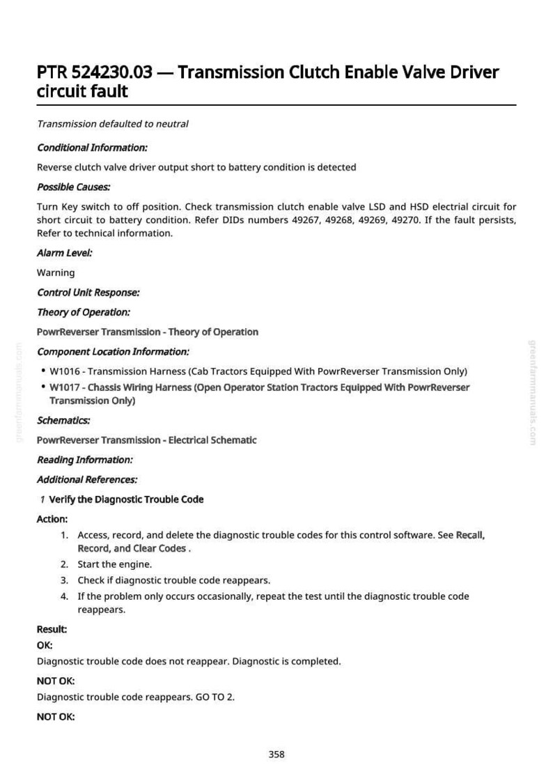 May include: A document with the title "PTR 524230.03 - Transmission Clutch Enable Valve Driver circuit fault". The document contains technical information, including possible causes, alarm levels, and actions to take. The text is in black font.
