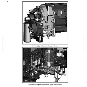 Op de afbeelding: Diagram van een PowrQuad-PLUS&trade; transmissie, met details over het verwijderen van elektrische schakelaars, sensoren en soleno&iuml;den. Inclusief close-up weergaven van componenten met labels en tekst: RXA0088205-UN: Druk Sensor inschakelen en RXA0088153-UN: AutoQuad/PowrQuad Transmission.