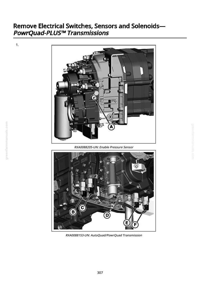 Op de afbeelding: Diagram van een PowrQuad-PLUS&trade; transmissie, met details over het verwijderen van elektrische schakelaars, sensoren en soleno&iuml;den. Inclusief close-up weergaven van componenten met labels en tekst: RXA0088205-UN: Druk Sensor inschakelen en RXA0088153-UN: AutoQuad/PowrQuad Transmission.