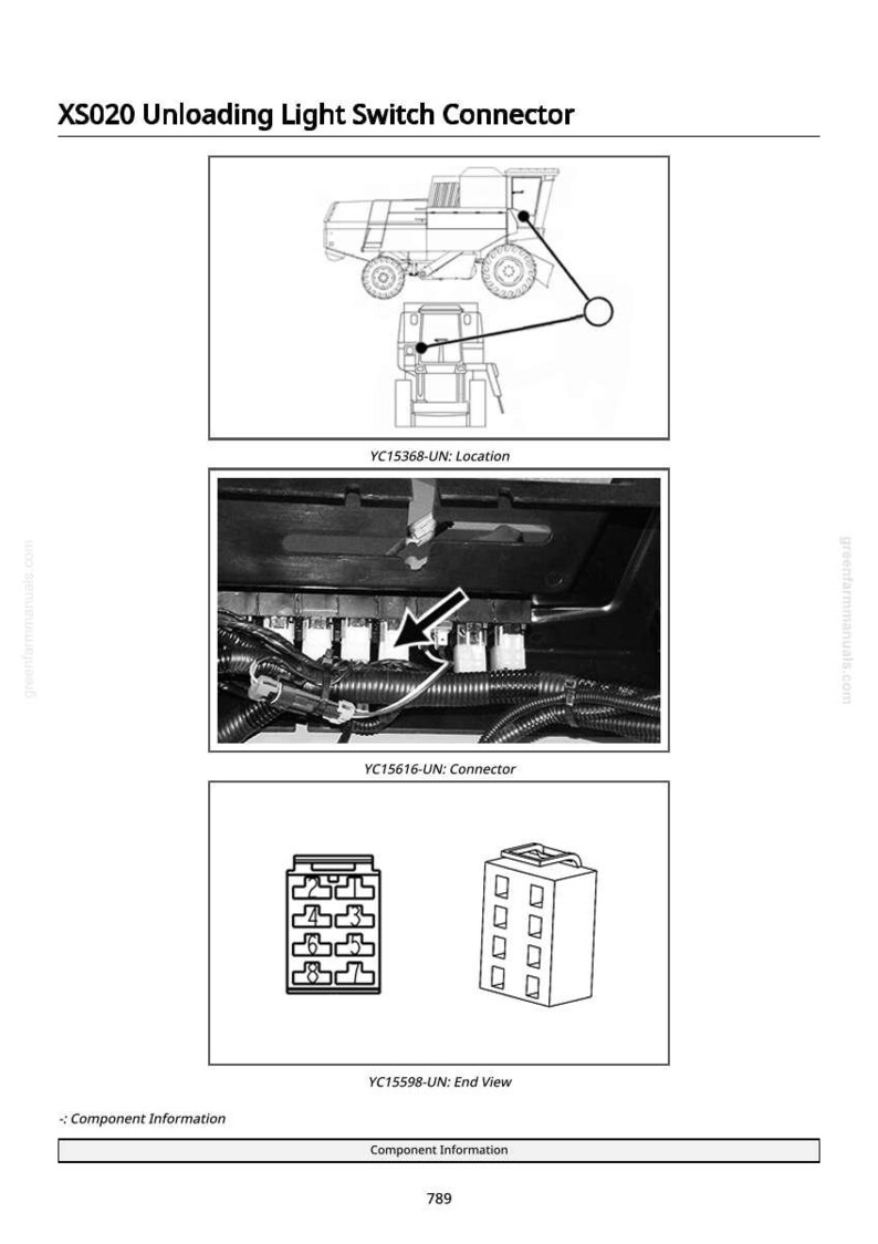 K&ouml;nnte beinhalten: Diagramm eines Entlade-Lichtschalter-Anschlusses, bezeichnet als XS020. Das Bild enth&auml;lt Illustrationen des Anschlussortes, des Anschlusses selbst und eine Endansicht. Der Text enth&auml;lt "Component Information" und "789".