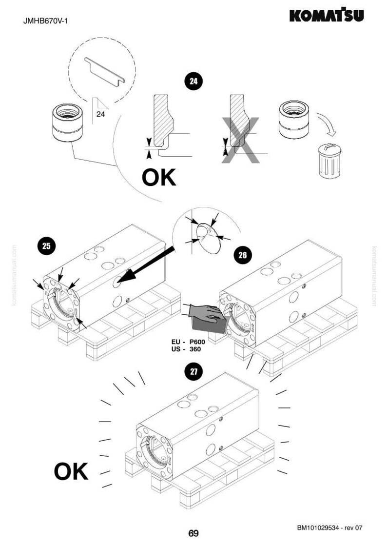 May include: Technical diagram with Komatsu logo, featuring detailed illustrations of mechanical components. Includes diagrams labeled with numbers and the text "OK". Measurements are in US units.