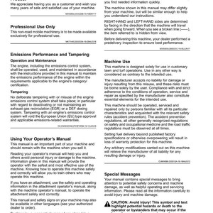May include: A printed manual with the title "Introduction" and the John Deere logo. The manual contains text about machine operation, safety, and maintenance, with a warning symbol.