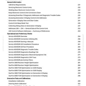 May include: A white-background page from a manual with a detailed table of contents. The text includes topics like "Electronic Control Units," "Service ADVISOR," and "StarFire" optimization. Page numbers are listed on the right.
