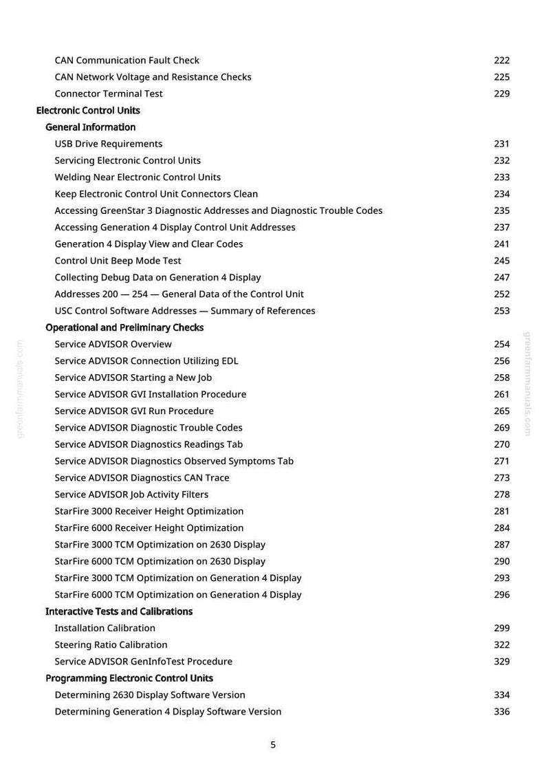 May include: A white-background page from a manual with a detailed table of contents. The text includes topics like "Electronic Control Units," "Service ADVISOR," and "StarFire" optimization. Page numbers are listed on the right.