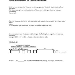 Op de afbeelding: Diagram met uitleg van Yanmar-motorfoutcodes, inclusief EGR-code 1-3. Tekst beschrijft de functie van het waarschuwingslampje en de zoemer, en hoe de signalen te interpreteren. Het diagram toont een visuele weergave van het zoemerpatroon.