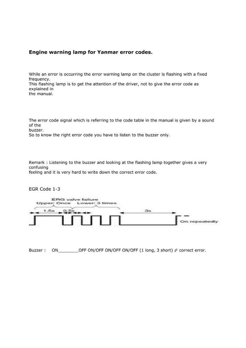 Op de afbeelding: Diagram met uitleg van Yanmar-motorfoutcodes, inclusief EGR-code 1-3. Tekst beschrijft de functie van het waarschuwingslampje en de zoemer, en hoe de signalen te interpreteren. Het diagram toont een visuele weergave van het zoemerpatroon.