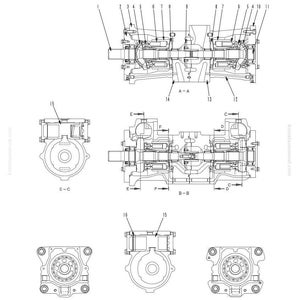 Op de afbeelding: Technisch diagram van een stuur- en schakelpomp, met verschillende aanzichten en doorsneden. De afbeelding is gelabeld met nummers en letters, inclusief secties A-A, B-B, C-C, D-D, E-E en F-F. De tekst bovenaan luidt "STRUCTUUR EN FUNCTIE" en "STUUR- EN SCHAKELPOMP."