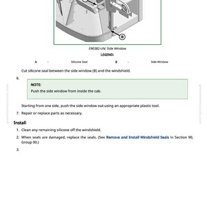 May include: Diagram showing a side window assembly with labels for silicone seal and side window. Text provides instructions for removing and installing the window, referencing other sections in a manual. The image is from a greenfarmmanuals.com document.
