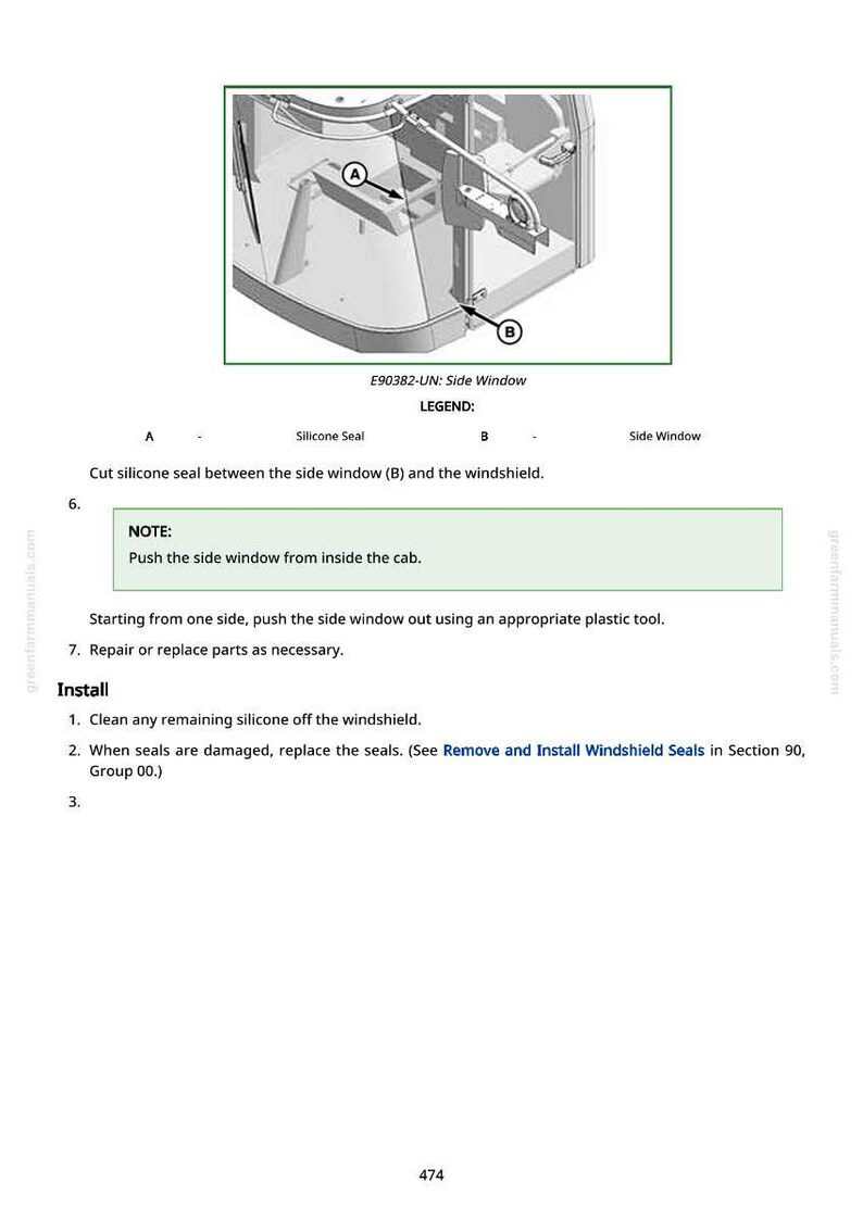 May include: Diagram showing a side window assembly with labels for silicone seal and side window. Text provides instructions for removing and installing the window, referencing other sections in a manual. The image is from a greenfarmmanuals.com document.