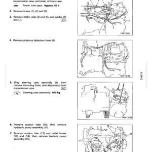 May include: Diagram of power train unit separation, with numbered steps and illustrations. Includes instructions for removing hoses, brake rods, and suction tubes. Steering case assembly weight: 800 kg.