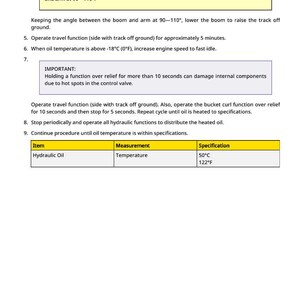May include: A white page with safety instructions for a machine. The text includes a caution about injury, operating procedures, and oil temperature specifications. The oil temperature specification is 122&deg;F.